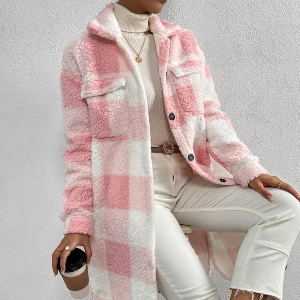 Teddy coat sherpa oversize jacket plaid pink white fuzzy pocket button long